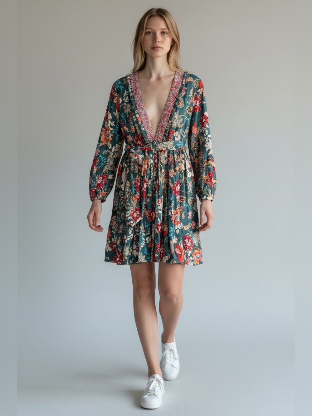 TAJ by Sabrina Crippa Teal Floral V-Neck Mini Dress